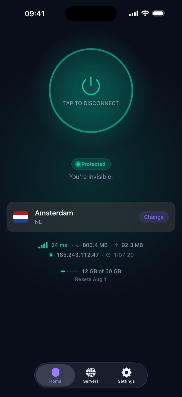 VPN Dan on iPhone, connected and showing server latency, transfer totals, and remaining monthly data